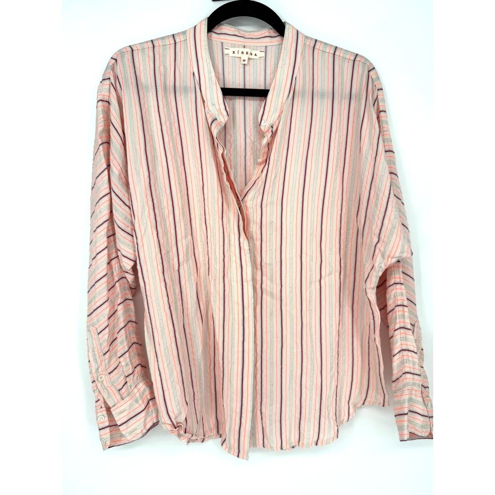 Xirena Button Up Shirt Blouse Striped Pastel Coral Viscose Size Medium M
